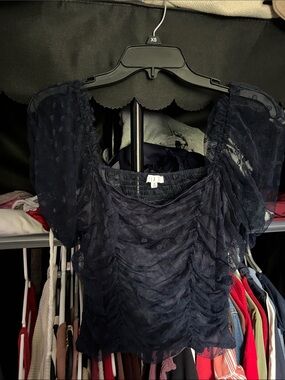 SHEIN Dark Blue Floral Mesh Puff Sleeve Blouse